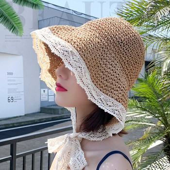 Καλοκαιρινό πτυσσόμενο καπέλο παραλίας Hollow Bocket Δαντελένια καπέλα ηλίου για γυναίκες με φαρδύ γείσο γιορτινό καπέλο Panama γυναικείο ψάθινο καπέλο