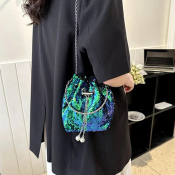 Нова модна цветна чанта тип кофа с шнур с пайети Дамска ежедневна чанта за през рамо Момичета Чанти през рамо Дамски мини портмонета и чанти