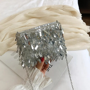 Моден дизайн Луксозни сребърни пайети Пискюли с кристали Дамски малки чанти през рамо Верига Елегантна дамска вечерна дамска чанта за парти