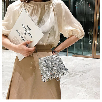 Моден дизайн Луксозни сребърни пайети Пискюли с кристали Дамски малки чанти през рамо Верига Елегантна дамска вечерна дамска чанта за парти