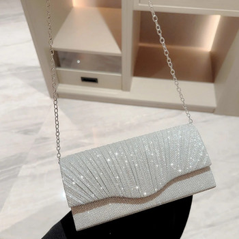 Дамска блестяща сребърна чанта клъч Вечерна чанта с плик Модна елегантна дълга чанта Дамски чанти през рамо с верига Сватбена чанта