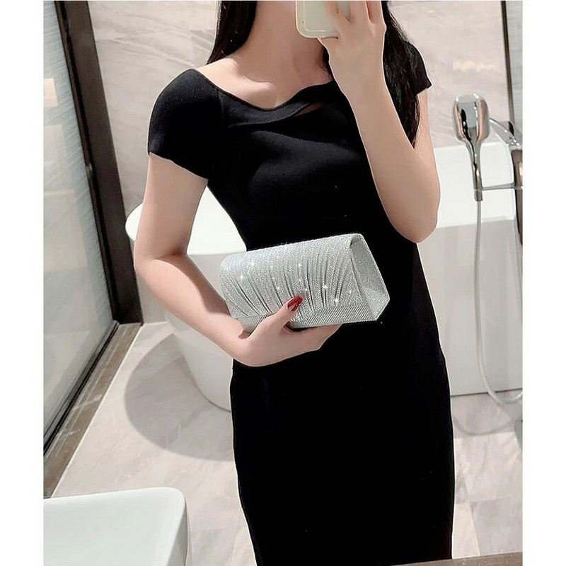 Moteriškas blizgantis sidabrinis sankabos krepšys vokas vakarinis krepšys mada Elegantiška ilga piniginė Moteriška grandinėlė pečių krepšiai Vestuvių vakarėlio rankinė