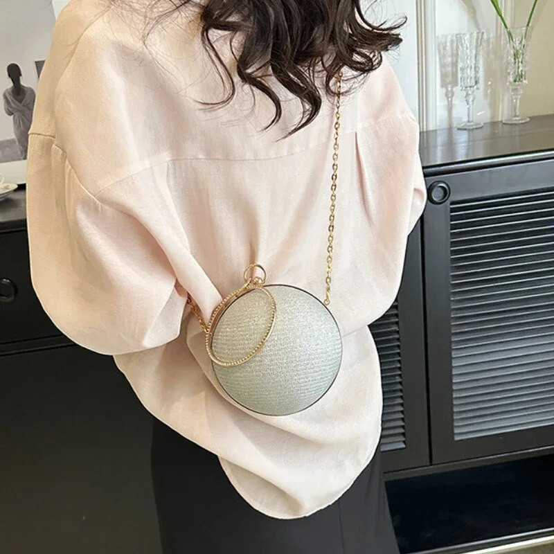 Apvalus žiedas, nešiojami vakariniai krepšiai, metalinės apvalios rutulinės rankinės lūpų dažams elegantiškos prabangios sankabos piniginės vestuvinės piniginės