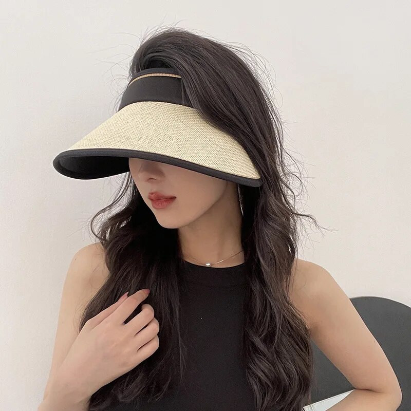 Panamos moteriška atvira paplūdimio ančių liežuvio šiaudinė kepurė lauko sportui madinga pavasario ir vasaros apsaugos nuo saulės kepuraitė H61