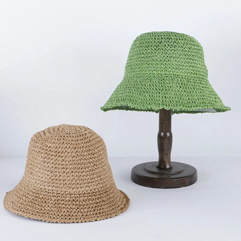 Ръчно изработени едноцветни плетени шапки от сламена кофа за жени Летни кухи плажни шапки Сгъваема шапка за слънце на открито Gorras 2023