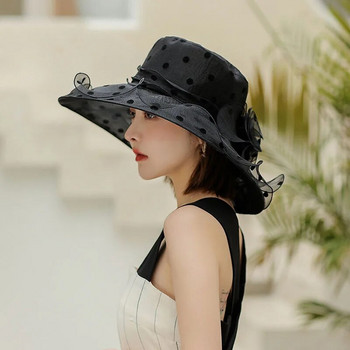 Елегантна темпераментна шапка за жени Шапка от шифон на точки Органза, дишаща плажна шапка, лятна шапка с големи стрехи, сенник, рибарска шапка