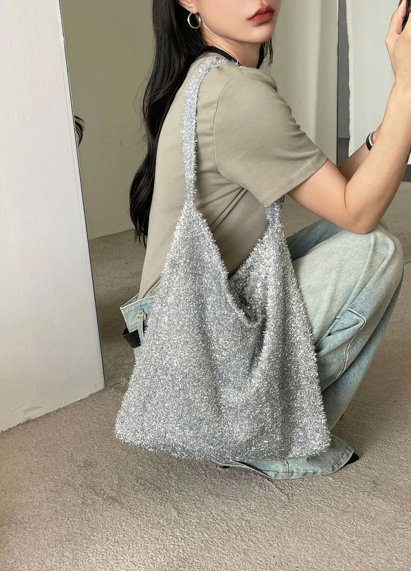 Bling Tote torba zlatna svilena svjetlucava linija za pletenje moderna slatka mini torbica na rame mala torba torbica ispod pazuha sto tide
