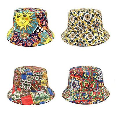 Boho Fisherman Hat Vintage Print Panama Bucket Hat Moterys Vyrai Apverčiama Bob Chapeau Moteris Hip Hop Sun Cap Gorros bažnyčios raštas