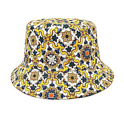 Boho Fisherman Hat Vintage Print Panama Bucket Hat Moterys Vyrai Apverčiama Bob Chapeau Moteris Hip Hop Sun Cap Gorros bažnyčios raštas