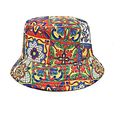 Boho Fisherman Hat Vintage Print Panama Bucket Hat Moterys Vyrai Apverčiama Bob Chapeau Moteris Hip Hop Sun Cap Gorros bažnyčios raštas