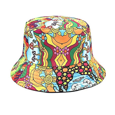Boho Fisherman Hat Vintage Print Panama Bucket Hat Moterys Vyrai Apverčiama Bob Chapeau Moteris Hip Hop Sun Cap Gorros bažnyčios raštas