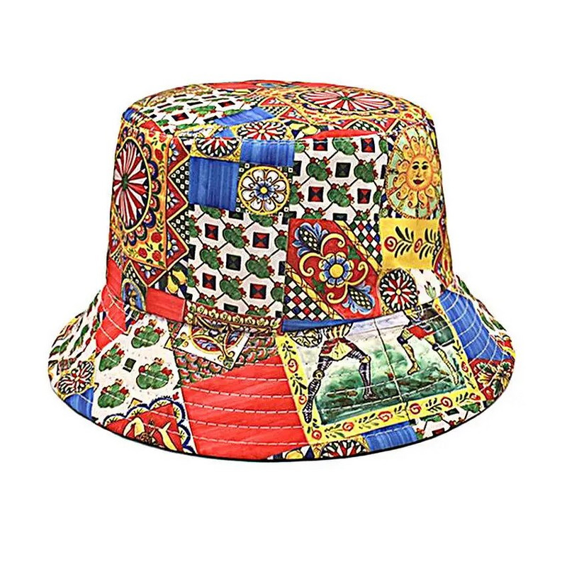 Boho Fisherman Hat Vintage Print Panama Bucket Hat Moterys Vyrai Apverčiama Bob Chapeau Moteris Hip Hop Sun Cap Gorros bažnyčios raštas