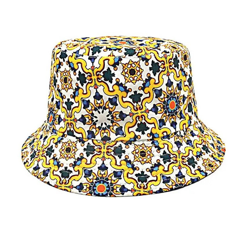 Boho Fisherman Hat Vintage Print Panama Bucket Hat Moterys Vyrai Apverčiama Bob Chapeau Moteris Hip Hop Sun Cap Gorros bažnyčios raštas
