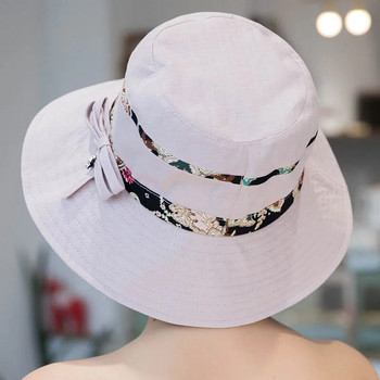 Шапка W85 Дамска семпла модна шапка в етнически стил Шапка за слънце с широка периферия с широка периферия Шапка за леген с UV защита Памучна шапка