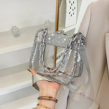 PVC прозрачна дамска чанта през рамо за жени с дебела верига от кристали Дамска малка чанта и дамски чанти Модна плажна чанта Jelly