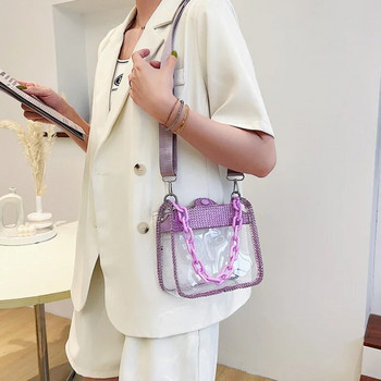 PVC прозрачна дамска чанта през рамо за жени с дебела верига от кристали Дамска малка чанта и дамски чанти Модна плажна чанта Jelly