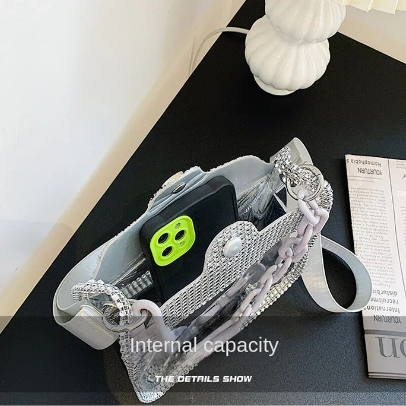 PVC skaidrus pečių skersinis krepšys moterims Kalnų krištolas, stora grandinėlė Moteriška maža piniginė ir rankinės Mados želė paplūdimio krepšys