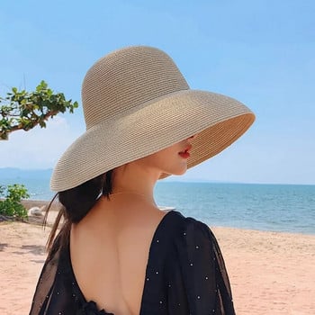 Лятна шапка нова дамска слънчева шапка сгъваема плажна шапка с голяма периферия за пътуване слънцезащитен крем Хепбърн вятърна слънчева шапка за пътуване