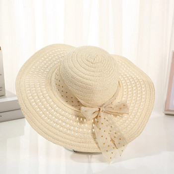 Нова сламена шапка от 2024 г. Дамска широкопола слънцезащитна плажна шапка с бяла панделка и сламена шапка Ежедневна дамска панама с плосък връх