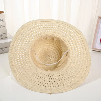 2024 νέο Ψάθινο καπέλο Γυναικείο Φαρδύ γείσο Αντιηλιακό Καπέλο παραλίας Λευκή κορδέλα Παπιγιόν Ψάθινο καπέλο Casual Γυναικείο Flat Top Καπέλο Panama
