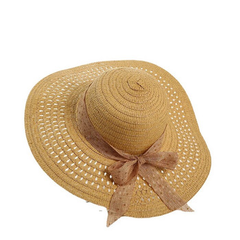 2024 νέο Ψάθινο καπέλο Γυναικείο Φαρδύ γείσο Αντιηλιακό Καπέλο παραλίας Λευκή κορδέλα Παπιγιόν Ψάθινο καπέλο Casual Γυναικείο Flat Top Καπέλο Panama