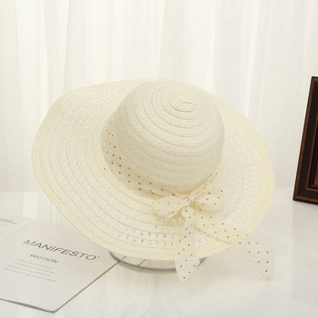 Нова сламена шапка от 2024 г. Дамска широкопола слънцезащитна плажна шапка с бяла панделка и сламена шапка Ежедневна дамска панама с плосък връх