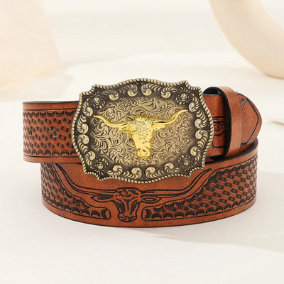 Cool Texas Cowboy Belt Tauren Retro Curele din piele Stil Western Cowboy Bărbați Cureaua din piele pentru bărbați, cu craniu de taur, curea pentru blugi