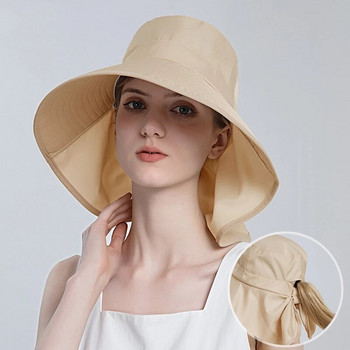 Γυναικείο καπέλο καλοκαιρινό κάδο με τρύπα από αλογοουρά Lady sun Protection σκουφάκι πεζοπορίας με σάλι λαιμού με φαρδύ γείσο για εξωτερική παραλία