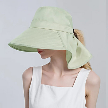 Дамска лятна шапка-кофа с дупка за конска опашка Дамска слънцезащитна туристическа шапка с шал за врата Шапка с широка периферия за плаж на открито