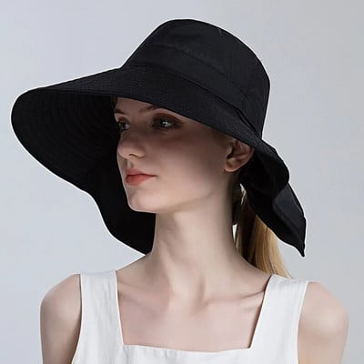 Női nyári vödörsapka lófaroklyukkal Lady Sun Protection túrasapka nyakkendővel széles karimájú fejfedő szabadtéri strandra