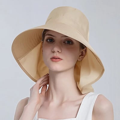 Női nyári vödörsapka lófaroklyukkal Lady Sun Protection túrasapka nyakkendővel széles karimájú fejfedő szabadtéri strandra