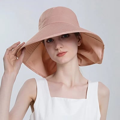 Női nyári vödörsapka lófaroklyukkal Lady Sun Protection túrasapka nyakkendővel széles karimájú fejfedő szabadtéri strandra