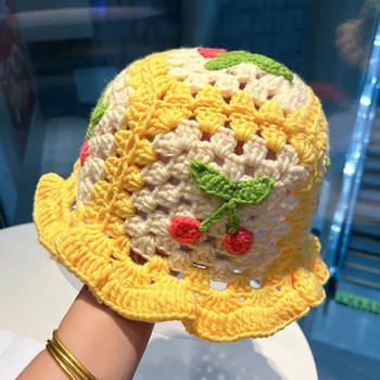 Cherry Crochet Bucket Καπέλο Γυναικείο Άνοιξη Φθινόπωρο Χειροποίητο Πλεκτό Χαριτωμένο καπέλο Beanies Καπέλο διακοπών INS Korean Cute Beanies Καπέλο Panama