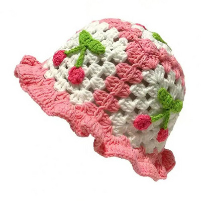 Vyšninė nėrimo kaušinė kepurė moteriška pavasario rudens rankų darbo megzta miela kepuraitė atostogų kepurė INS korėjietiška miela pupytė Panamos kepurė