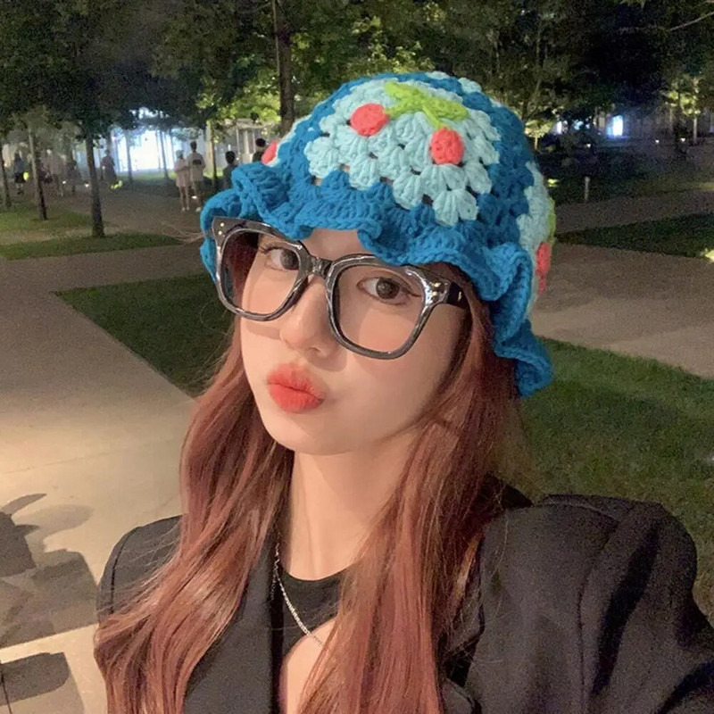 Vyšninė nėrimo kaušinė kepurė moteriška pavasario rudens rankų darbo megzta miela kepuraitė atostogų kepurė INS korėjietiška miela pupytė Panamos kepurė