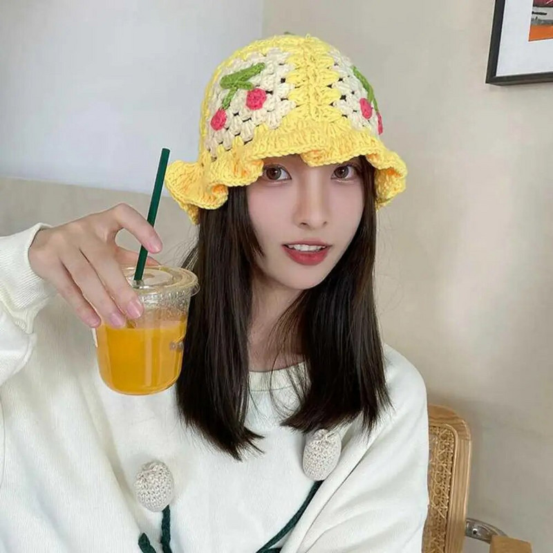 Vyšninė nėrimo kaušinė kepurė moteriška pavasario rudens rankų darbo megzta miela kepuraitė atostogų kepurė INS korėjietiška miela pupytė Panamos kepurė