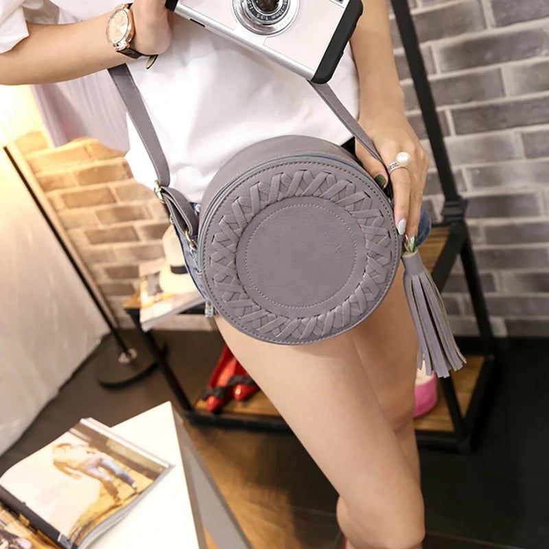 Moteriškos apvalios rankinės Moteriškas laisvalaikio ant peties skersinis krepšys Reguliuojamas pintas kutas Mažos rankinės Moterų pirkinių krepšys