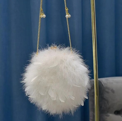 Moterų plunksnų rankinė Prabangus apskritas krepšys Mažos grandinėlės per petį kryžminiai krepšiai moterims vakariniam vakarėliui pliušiniai sankabos krepšiai