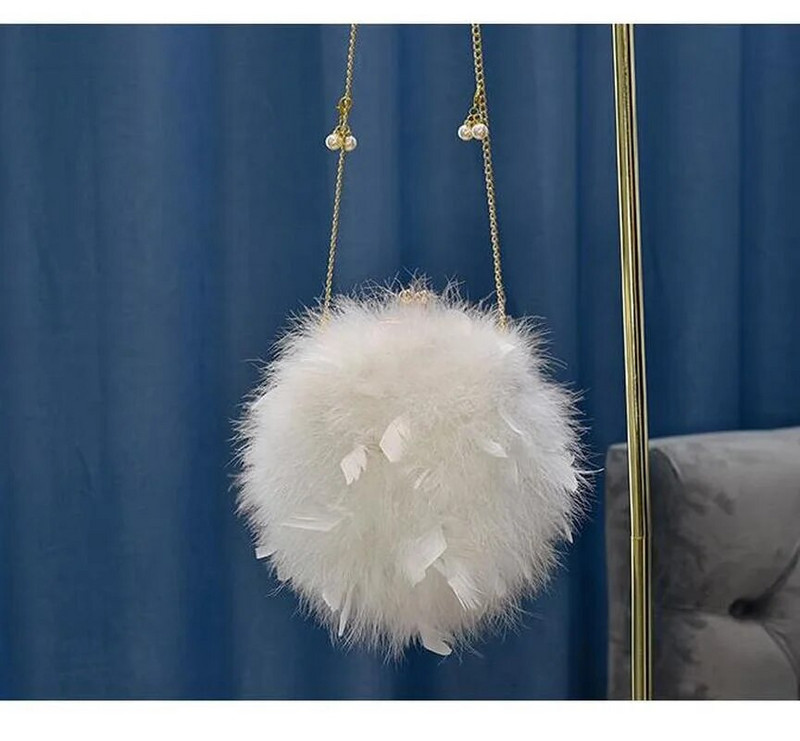 Moterų plunksnų rankinė Prabangus apskritas krepšys Mažos grandinėlės per petį kryžminiai krepšiai moterims vakariniam vakarėliui pliušiniai sankabos krepšiai