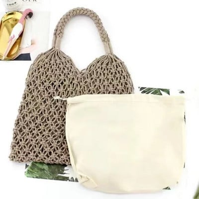 Naujas šiaudų krepšys, medvilninis pamušalas, tuščiaviduris austas krepšys, skirtas vasaros tinkliniam paplūdimio krepšiui moteriškai tinklinė rankinė FHC05B