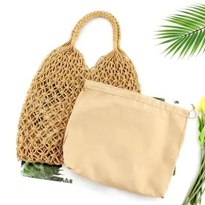Naujas šiaudų krepšys, medvilninis pamušalas, tuščiaviduris austas krepšys, skirtas vasaros tinkliniam paplūdimio krepšiui moteriškai tinklinė rankinė FHC05B