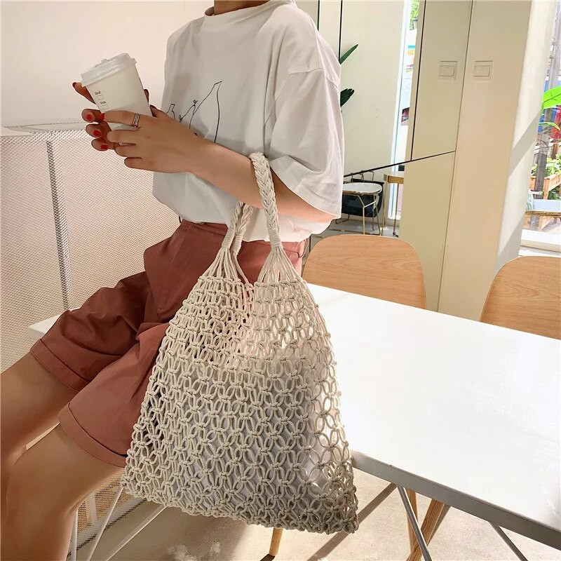 Naujas šiaudų krepšys, medvilninis pamušalas, tuščiaviduris austas krepšys, skirtas vasaros tinkliniam paplūdimio krepšiui moteriškai tinklinė rankinė FHC05B