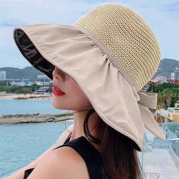 Αντηλιακό καπέλο με μεγάλο γείσο Πτυσσόμενο κοίλο αναπνεύσιμο παπιγιόν με προστασία από υπεριώδη ακτινοβολία Γυναικείο αντηλιακό Καλοκαιρινό καπέλο Καπέλο παραλίας για εξωτερικούς χώρους 태양모