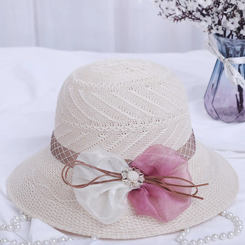 Сламена шапка Дамска слънцезащитна плажна шапка с широка периферия Мрежеста шапка със сламена шапка с бантик Ежедневна дамска елегантна шапка с плосък връх