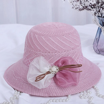 Ψάθινο καπέλο Γυναικείο φαρδύ γείσο Αντιηλιακή προστασία Καπέλο παραλίας Διχτυωτό λουλούδια Φιόγκος Ψάθινο καπέλο Casual Γυναικείο επίπεδο τοπ Κομψό καπέλο
