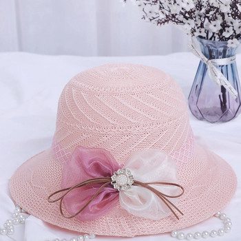 Сламена шапка Дамска слънцезащитна плажна шапка с широка периферия Мрежеста шапка със сламена шапка с бантик Ежедневна дамска елегантна шапка с плосък връх