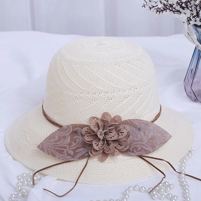 Női szalmakalap széles karimájú napvédő strandsapka hálós virágok csípős szalmakalap alkalmi női lapos felső elegáns sapka