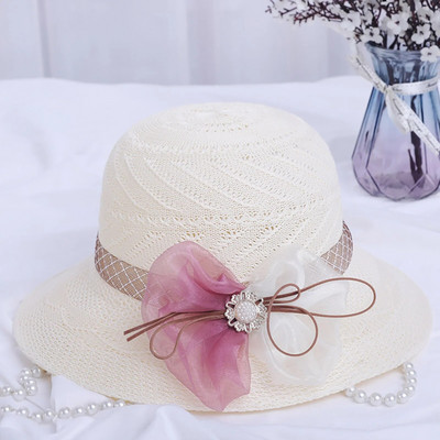 Női szalmakalap széles karimájú napvédő strandsapka hálós virágok csípős szalmakalap alkalmi női lapos felső elegáns sapka