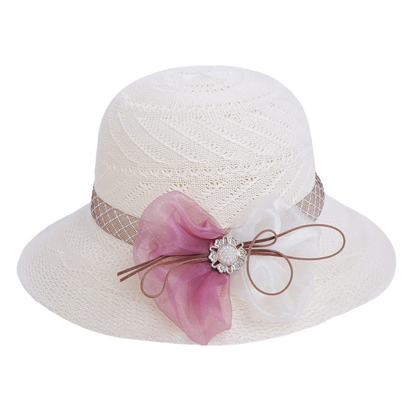 Női szalmakalap széles karimájú napvédő strandsapka hálós virágok csípős szalmakalap alkalmi női lapos felső elegáns sapka