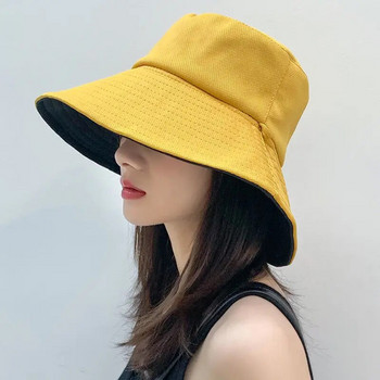 Καπέλο διπλής όψης με πτυσσόμενο κάδο για γυναίκες κορίτσια Καλοκαιρινό καπέλο ηλίου Fisherman Visor Cap Anti-UV Φαρδύ γείσο αντηλιακά καπέλα Βαμβακερά καπέλα
